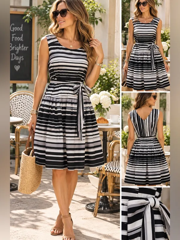 Robbie Bee Striped Belted Fit & Flare Dress Size 12 - Image 2