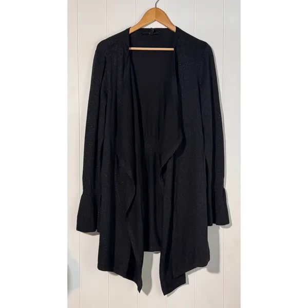 White House Black Market Cardigan L Black Sparkle Draped Bell Sleeve - Image 3
