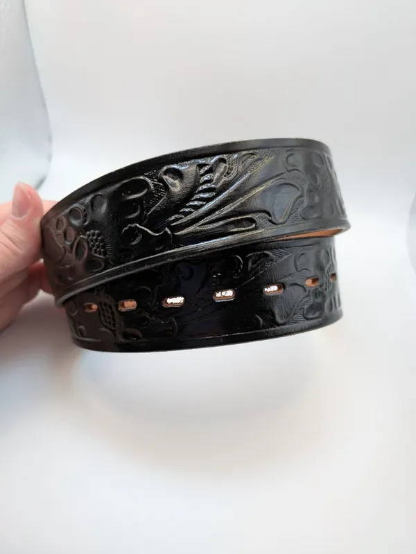 Justin Black Tooled Leather Belt Ornate Western Buckle Size 28 - Image 5