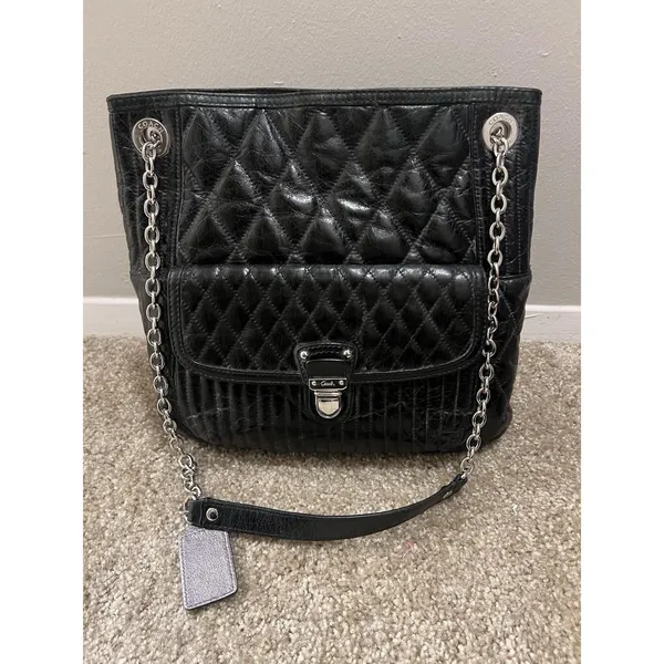 Vintage Coach Poppy Leather Slim Tote Bag‎ Sliding Chain Strap Purse Handbag Blk - Image 3