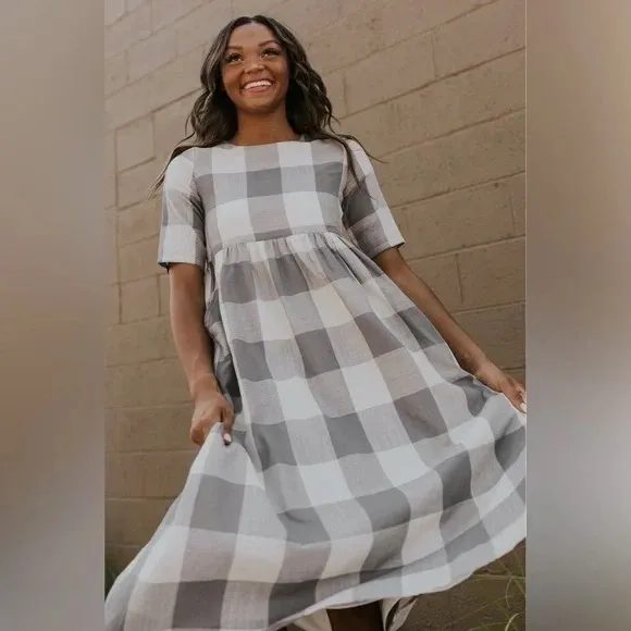 Roolee Gray Buffalo Check plaid gingham Maddie midi maxi dress L - Image 6
