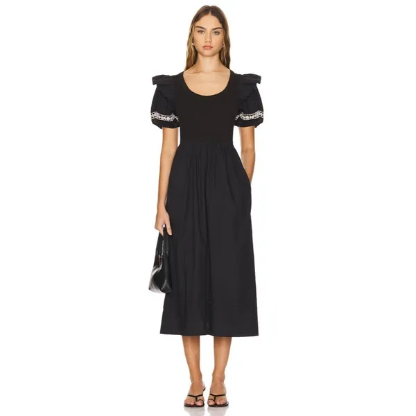 NWT!! CLEOBELLA‎ Selma Midi Dress Embroidered Black Ruffle Puff Sleeves X-Small - Image 4