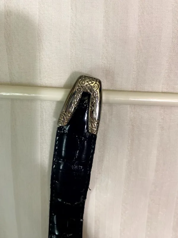 Black Faux Leather Belt Silver Engraved Buckle Western Style Croc Embossed 32" - Image 3