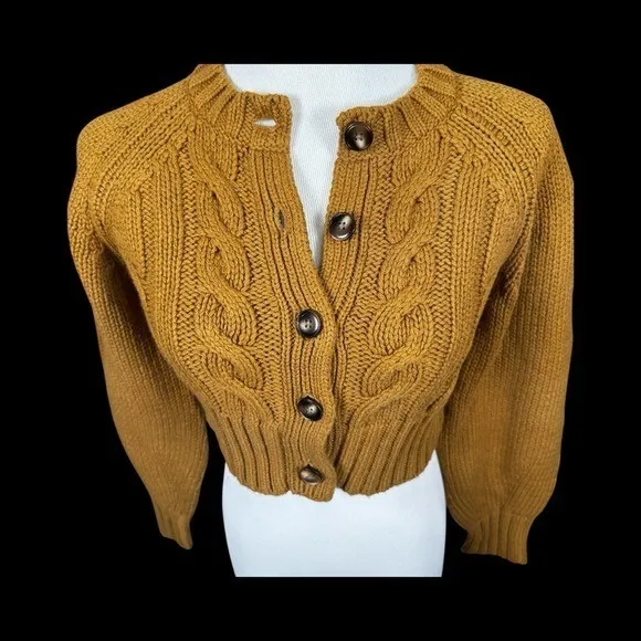 TOCXIN Cable Knit Cropped Cardigan Sweater XS Cotton/Wool Blend Cabincore Cozy‎ - Image 3