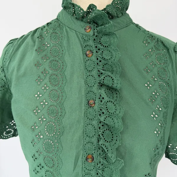 Sézane Louisah Green Organic Cotton Eyelet Ruffle Mock Neck Blouse Size 34 / 2 - Image 5