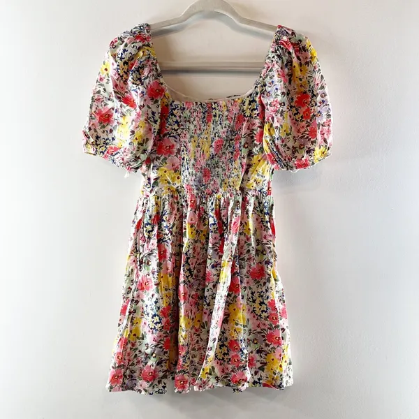 Gap Floral Puff-Sleeve Square Neck Smocked Babydoll Mini Dress Multicolor XS - Image 6