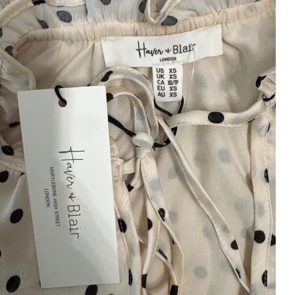 Haver & Blair Polka Dot Ruffle Neck Tie Blouse Cream Black Size XS‎ NWT - Image 2