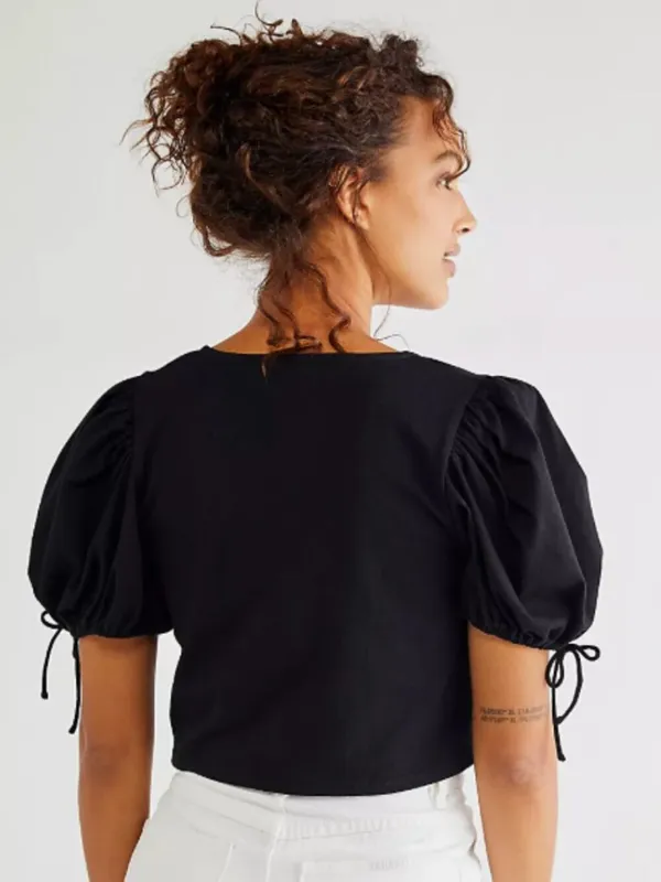 Free People Kitty Tee Black Cropped Puff Sleeve Tiered Tie-Front Closure Size XS - Image 14