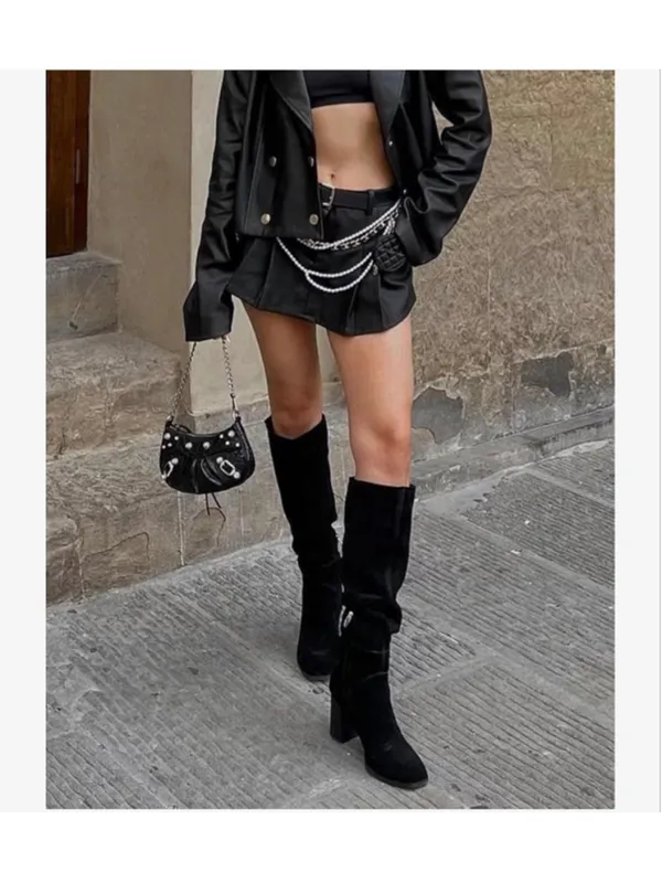 NEW Knee High Square Toe Chunky Block Heel Side Zipper Vegan Suede Long Boots 11 - Image 2