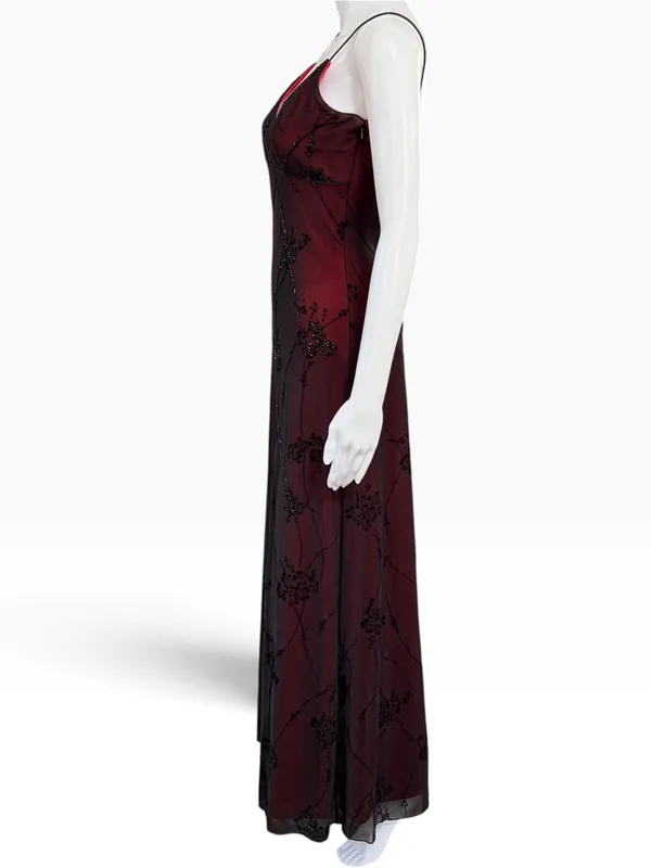 Vintage Cache 90s Burgundy Black Beaded Mesh Maxi Dress Whimsigoth Goth Vampy - Image 3