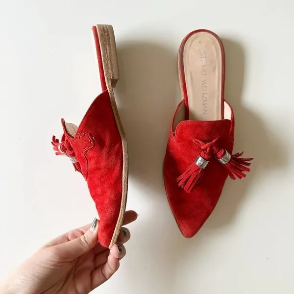 Stuart Weitzman Slidealong Tassel Pointed Toe Mule in Red Suede Women's 6 - Image 3