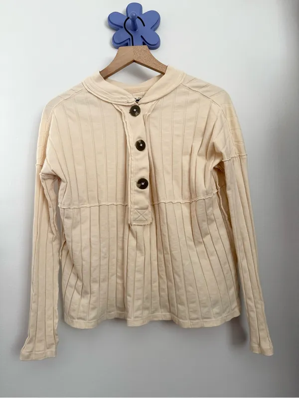 Free People XS In The Mix Henley Cream Beige Relaxed Boxy Fit Neutral Rib Boho - Image 3