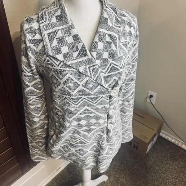 Lucky‎ Brand Women’s Aztec Tribal Knit Jacket Blazer sz S grey cream - Image 2