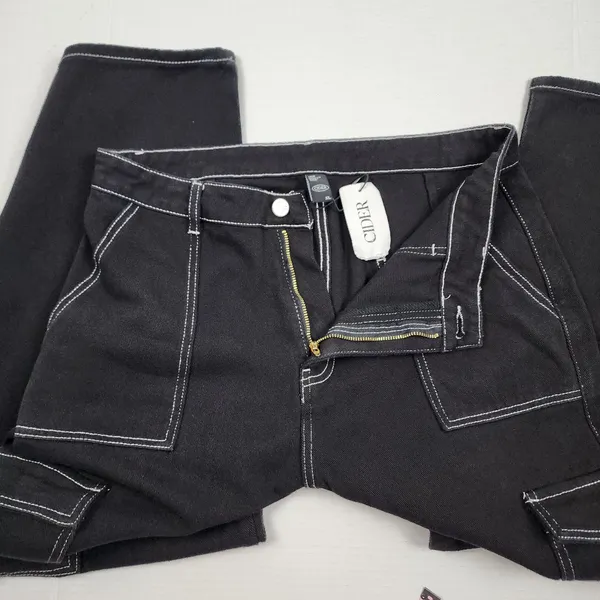 Cider Happy Hour Cargo Jeans Wide Leg Black Denim Contrast Stitch Size XL - Image 5