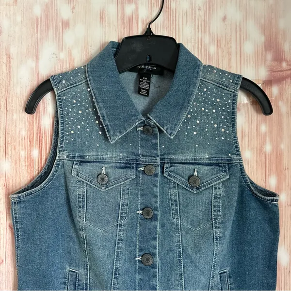 Style & Co Petite Western Festival Rhinestone Jewel Studded Denim Vest Size MP - Image 2