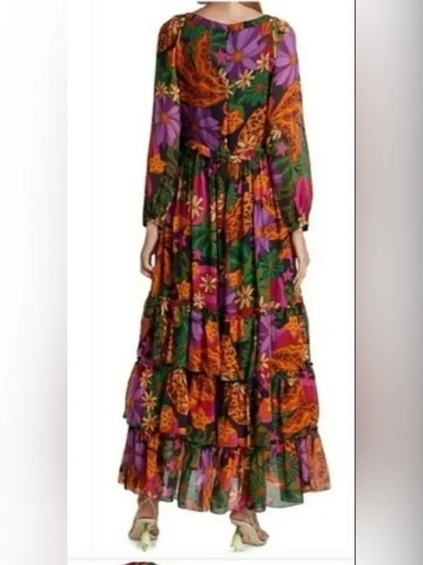 FARM Rio Star Fruit Floral Tiered Maxi Dress in Purple, Green & Yellow Sz Small - Image 3