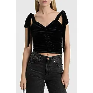 Express Black Velvet Tie Strap Ruched Tank - Image 2