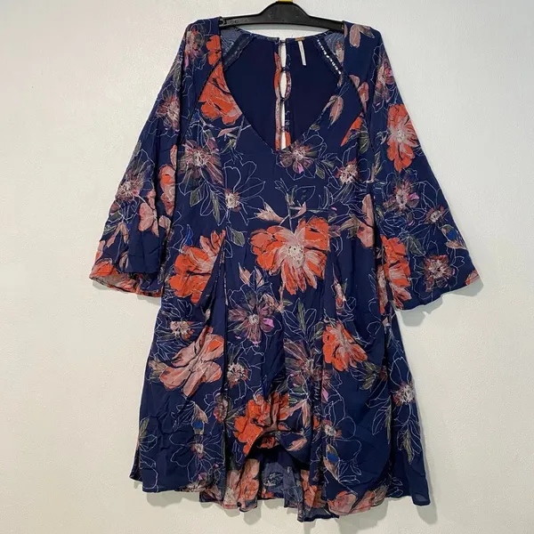 Free People Floral Boho Mini Dress Size 2 Navy Bell Sleeve Cutout Back - Image 3