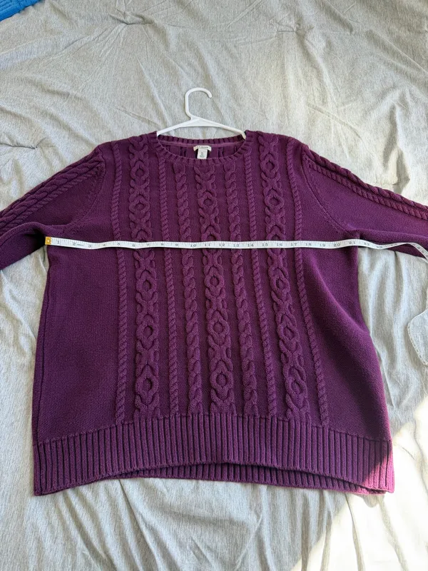 LL Bean Sweater Womens XL Purple 100% Cotton Cable Knit Crewneck Pullover Preppy - Image 7