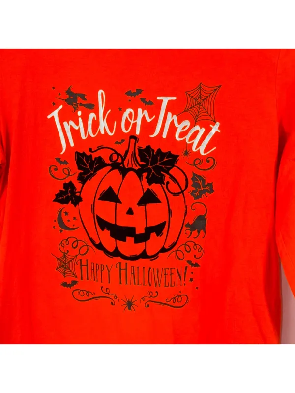 Women’s Halloween Trick or Treat Pumpkin Graphic Long Sleeve Shirt Orange Small - Image 2