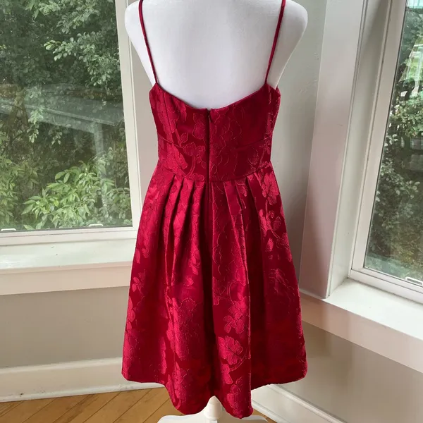 David’s Bridal Crimson Red Floral Jacquard Ballet Scoop Neck Homecoming Dress - Image 2