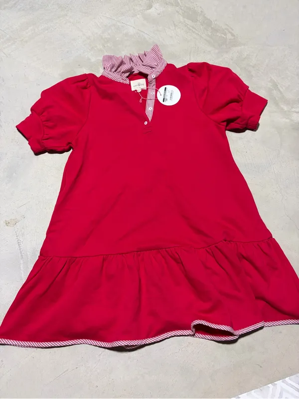 Umgee NWT striped & solid mixed Red Polo mini Dress Ruffle Hem medium MSRP$50 - Image 2