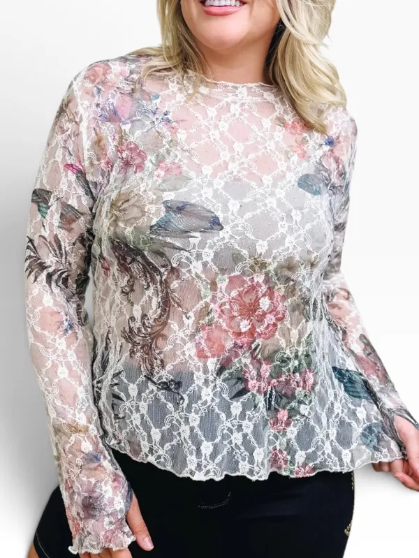 Oragami Floral Lace Mesh top with mini Rhinestone accents size Large - Image 10