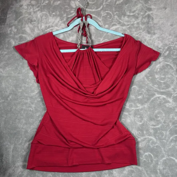 Y2K Red Halter Top Large Tie Neck Beaded Babydoll Tank Glam Embellished Date - Image 2