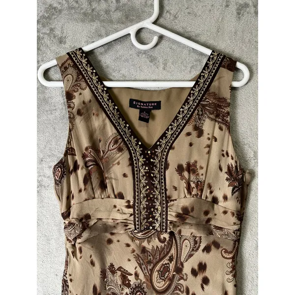Vintage Y2K Boho Paisley Silk Midi Dress V Neck Earth Tone Flowy Cottagecore SM - Image 2