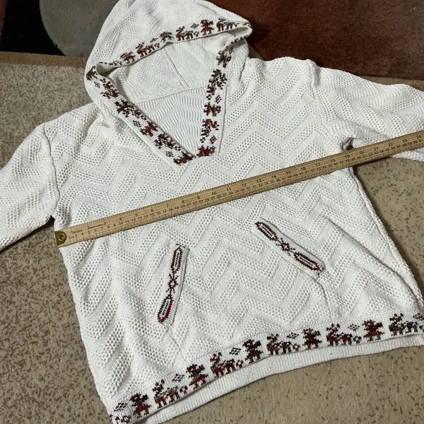 Nordic Fair Isle Reindeer Knit Hoodie Women Medium Cream Chevron Boho - Image 5