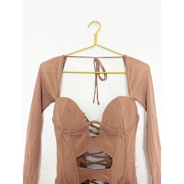 NWT Outcast Aubrey Long Sleeve Mini Dress Tan Corset Festival Sexy Size Small - Image 5