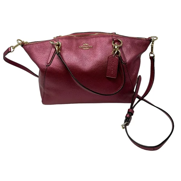 Coach Pebbled Leather Satchel Crossbody Bag Metallic Burgundy Gold Hardware - Image 2