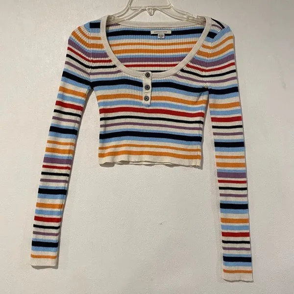 American Eagle Striped Ribbed Knit Crop Top Henley Long Sleeve XS - Image 2