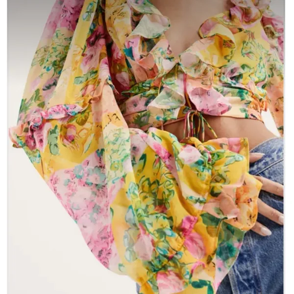 For Love and Lemon’s Nina Floral Lace Front Ruffle‎ Cropped Blouse - Multi XXS - Image 4