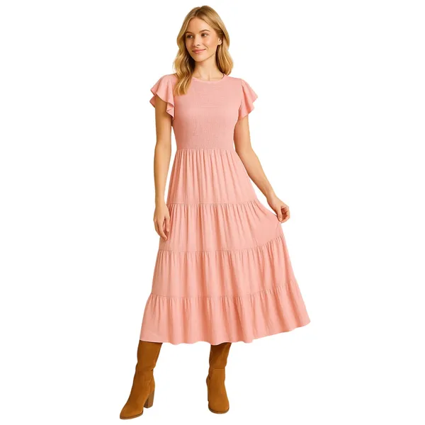 ZESICA Smocked Flutter Sleeve Cottagecore Romantic Midi Dress – Pink – Size L - Image 6