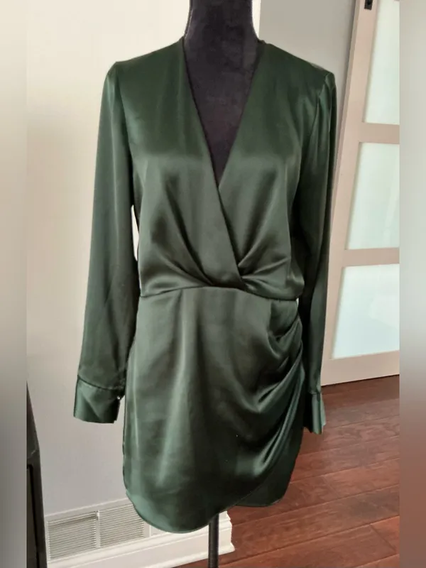 ZARA Emerald Green Satin Wrap-Style Long Sleeve Dress🌹 - Image 6