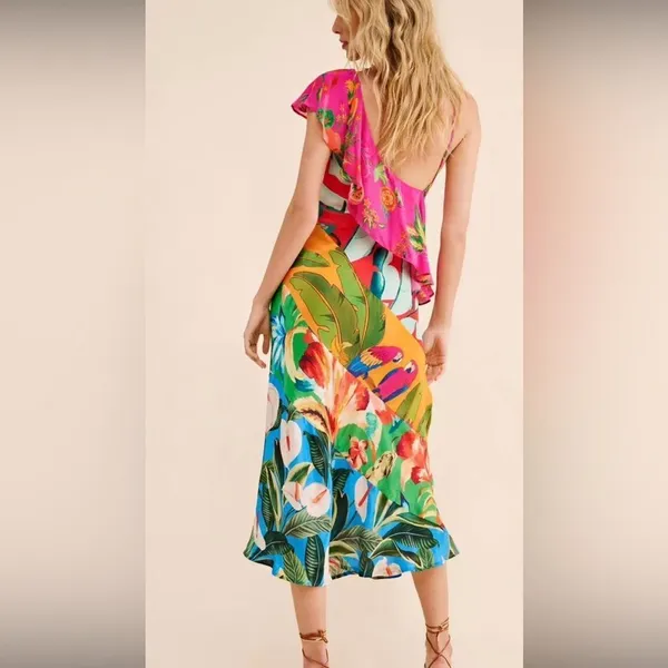 Farm Rio Mixed Flowery Ruffle One Shoulder Dress Women’s Medium - Image 2