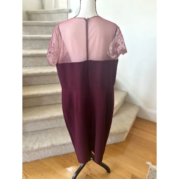 JS Collections Burgundy Red Floral Beaded Illusion Sheath Cocktail Dress - Image 6