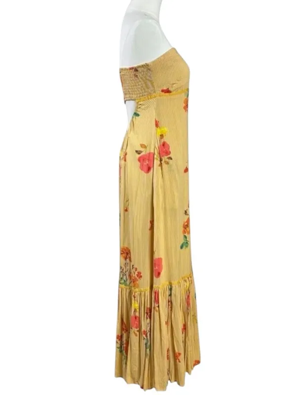 Free People Bohemian Rosie Posie Strapless Midi Dress Yellow Floral Size Small - Image 6