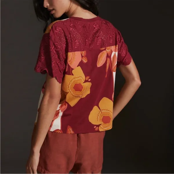 Anthropologie TINY Jeanine Eyelet Embroidered Floral Burgundy Top Small Tee - Image 6
