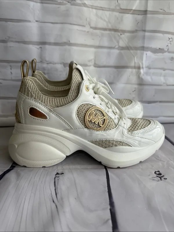 Michael Kors Zuma Knit Trainer Sneakers in the Pale Gold/Cream Color-way - Image 5