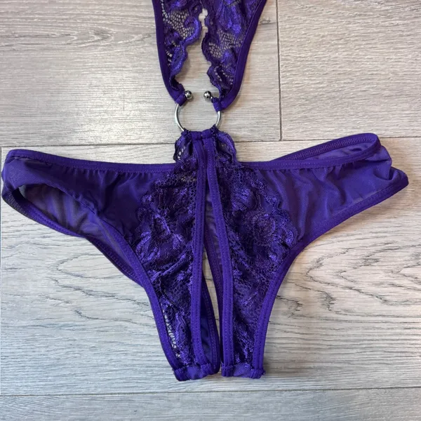 Avidlove Purple Lace Mesh Halter Teddy Bodysuit O-Ring‎ Detail Small - Image 5