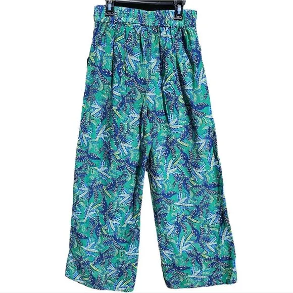 Midnight Sky -175‎ Blue Green Floral Linen Blend Tie Waist Wide Leg Pants Size S - Image 2