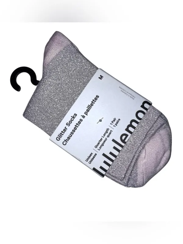 Lululemon Glitter Socks Quarter Length Blissful Pink with Silver Medium - Image 2