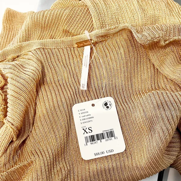 Free People Open Lightweight Knit Cardigan Sweater Metallic Gold Tan XS - Image 2