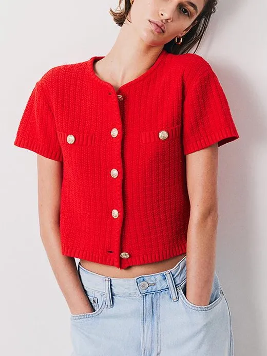 H&M sweater cardigan Structured Knit Short Sleeve gold buttons top pockets - Image 10