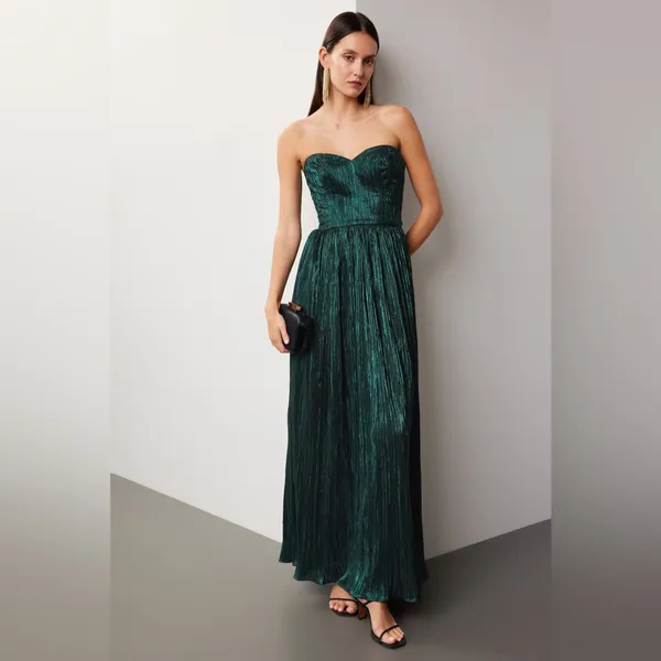 DRESS THE POPULATION Emerald Green Metallic Sheen Strapless Audrina Dress Small - Image 2