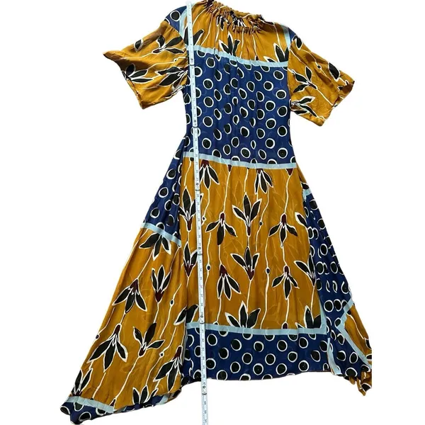 ZARA Navy Mustard White‎ Floral Sheer Tie Waist Midi Dress Sz XS - Image 13
