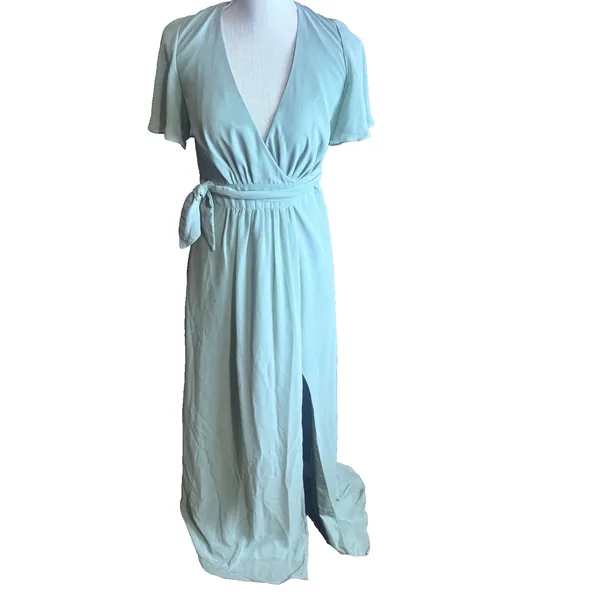 Azazie Zaniah bridesmaid dress Sea Glass green wrap chiffon flutter sleeve A4 - Image 2