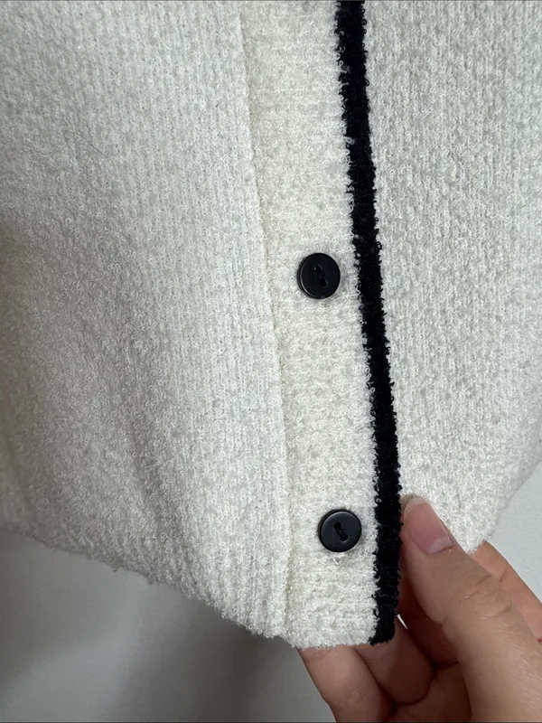 Marled Cream Bouclé Fuzzy Cardigan with Black Trim Minimalist Preppy size M - Image 5